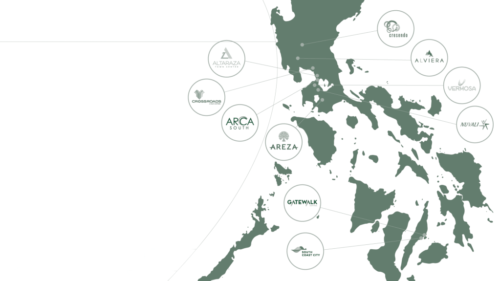 Map of the Philippines highlighting key Ayala Land Estates with commercial lots available, including Areza, Altaraza, Crossroads, and more.